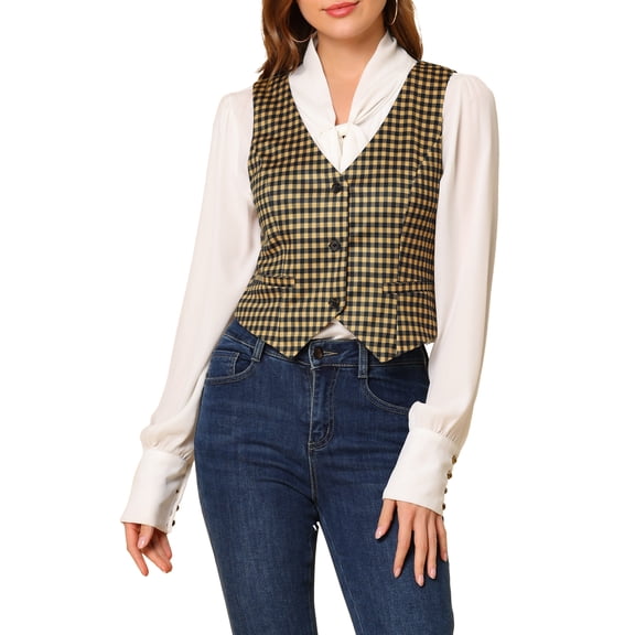 INSPIRE CHIC Women's  V Neck Cinched Waist Button Asymmetric Stretchy Plaid Sleeveless Jacket S Khaki