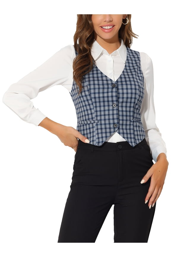 Women's V Neck Cinched Waist Button Asymmetric Stretchy Plaid Sleeveless Jacket S Dark Blue