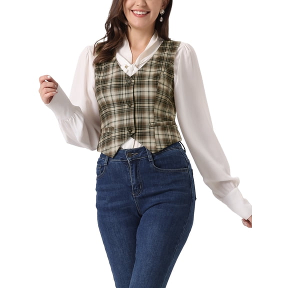 INSPIRE CHIC Women's  V Neck Cinched Waist Button Asymmetric Stretchy Plaid Sleeveless Jacket M Light Khaki