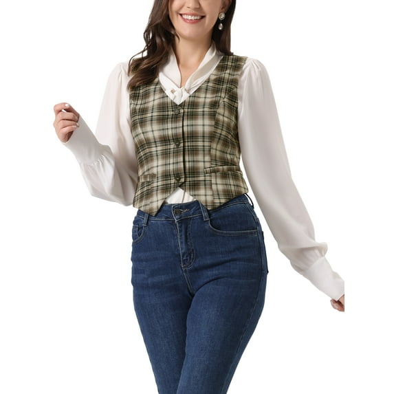 INSPIRE CHIC Women's V Neck Cinched Waist Button Asymmetric Stretchy Plaid Sleeveless Jacket M Light Khaki
