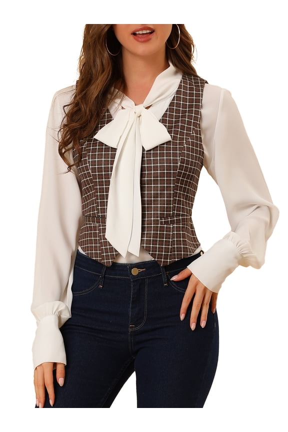 Women's  V Neck Cinched Waist Button Asymmetric Stretchy Plaid Sleeveless Jacket L Brown