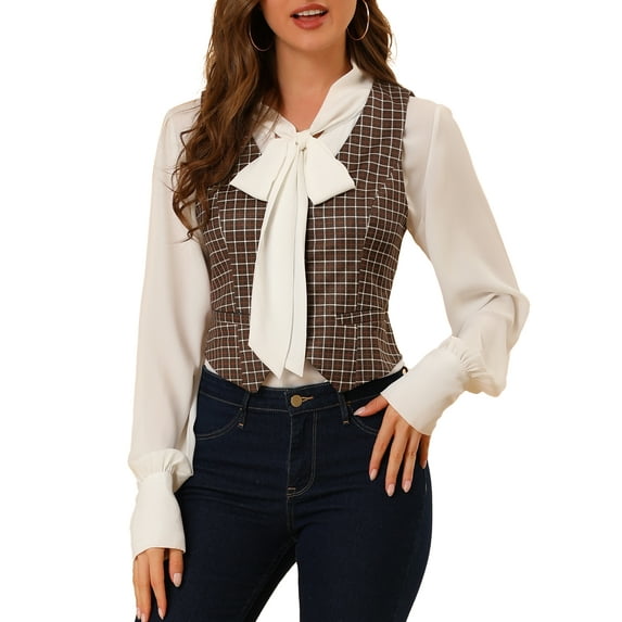 INSPIRE CHIC Women's V Neck Cinched Waist Button Asymmetric Stretchy Plaid Sleeveless Jacket M Brown