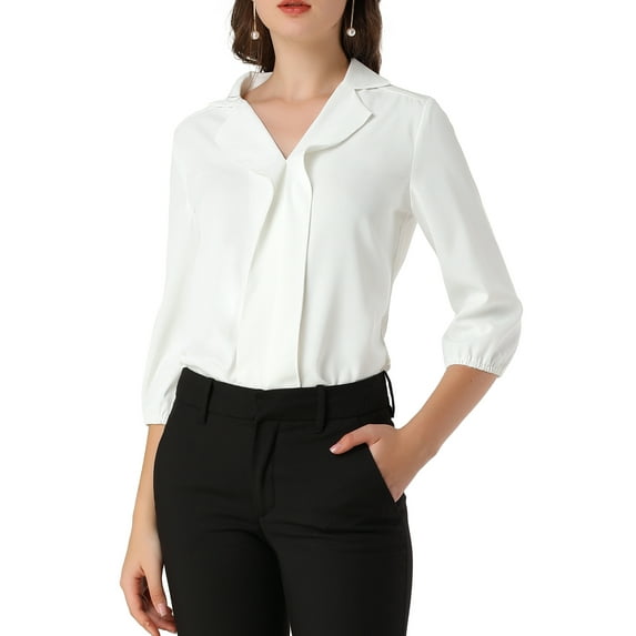INSPIRE CHIC Women's V Neck Collared 3/4 Sleeves Work Office Tops Blouse L White