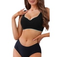 thumbnail image 1 of INSPIRE CHIC Women's V-Neck Contrast Trim Pullover Bras Comfort and Breathable Wirefree Bras L Black, 1 of 5