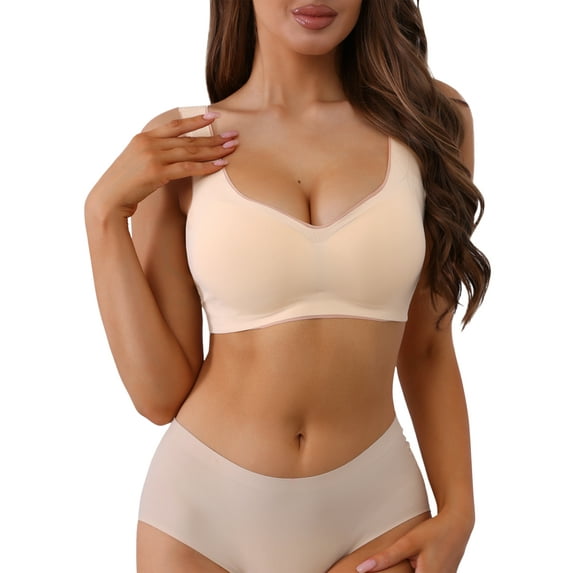 INSPIRE CHIC Women's V-Neck Contrast Trim Pullover Bras Comfort and Breathable Wirefree Bras M Beige