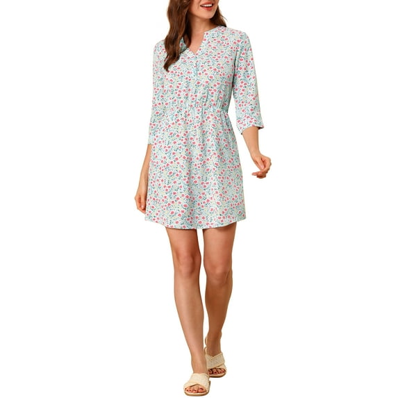 Allegra K Women's V Neck Floral 3/4 Sleeves Side Pockets Button Dress
