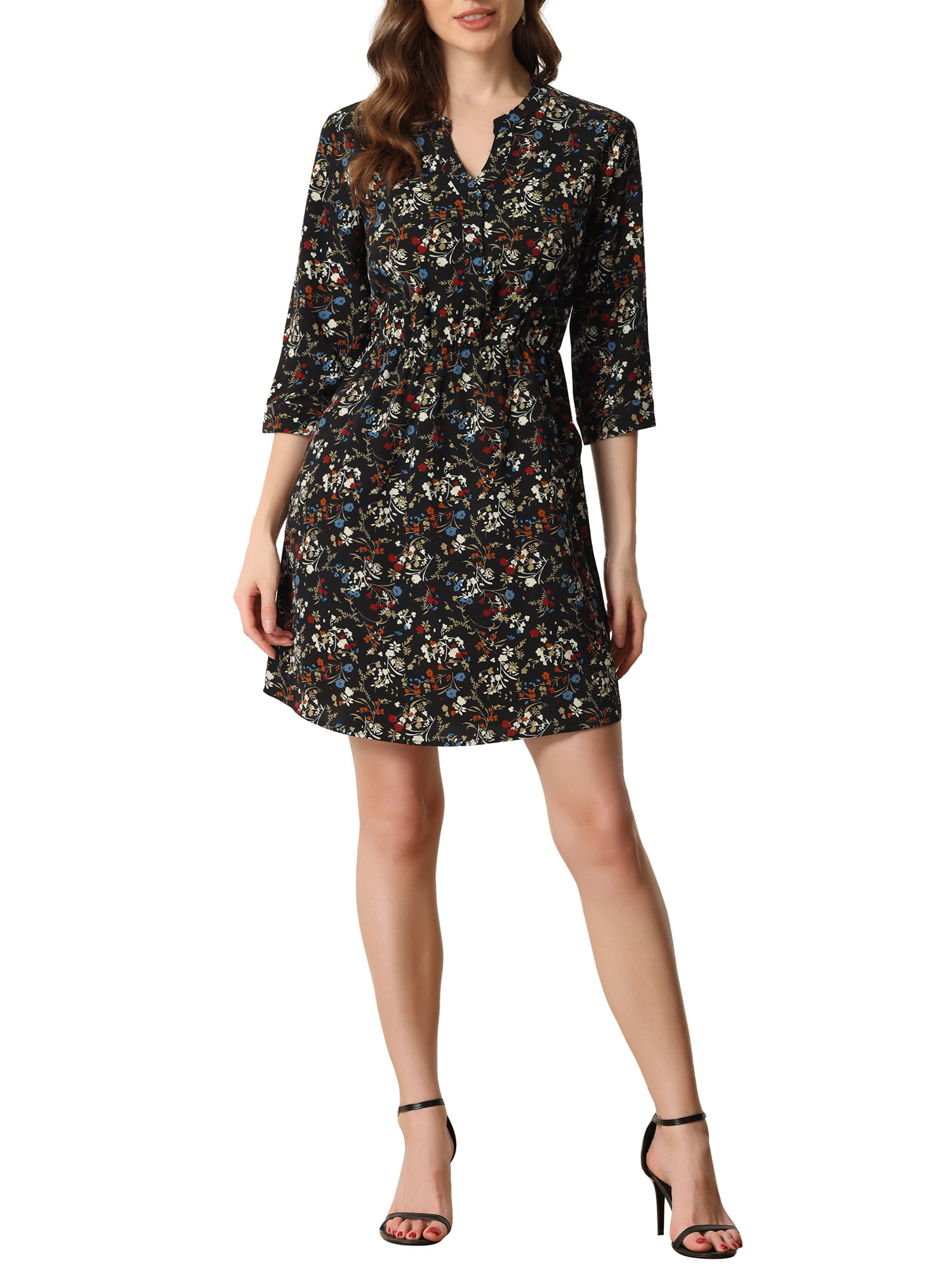 Women's Dress with Print V-Neck, 3/4 Sleeve, and Pockets