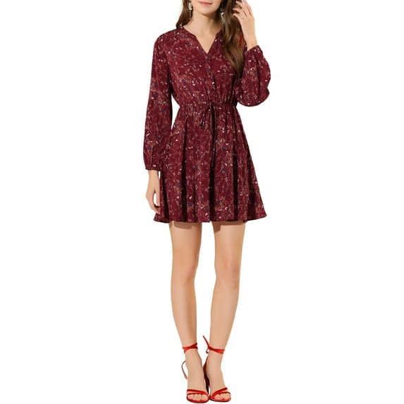INSPIRE CHIC Women's V Neck Floral Print Elastic Waist Button Down A-Line Mini Midi Dress L Burgundy