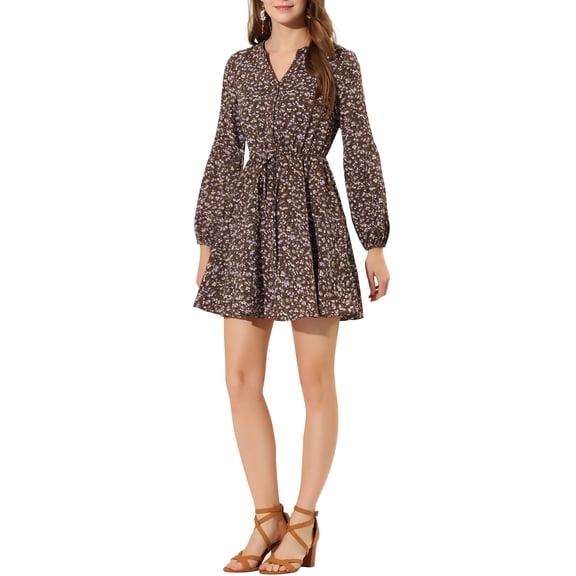 INSPIRE CHIC Women's V Neck Floral Print Elastic Waist Button Down A-Line Mini Midi Dress XL Brown