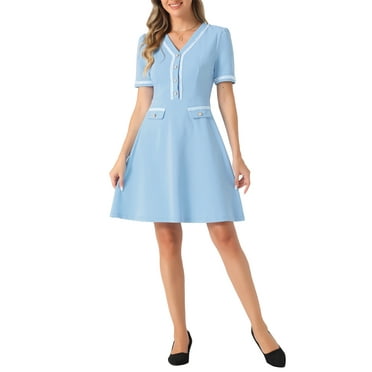 Allegra K Women's V Neck Half Placket Short Sleeve Textured A-Line Wear-to-Work Knit Dress L Sky Blue