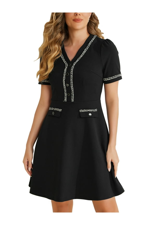 Women's V Neck Half Placket Short Sleeve Textured A-Line Wear-to-Work Knit Dress M Black