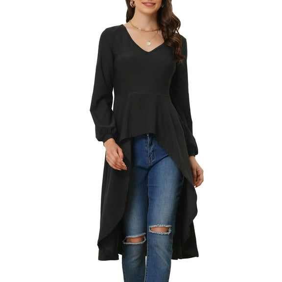 INSPIRE CHIC Women's V Neck High Low Hem Peplum Long Blouses