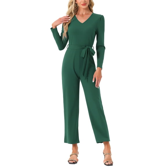 INSPIRE CHIC Women's V Neck Jumpsuit Long Sleeve Tie Waist Wide Leg Long Pants Elegant Knit Jumpsuits XS Dark Green