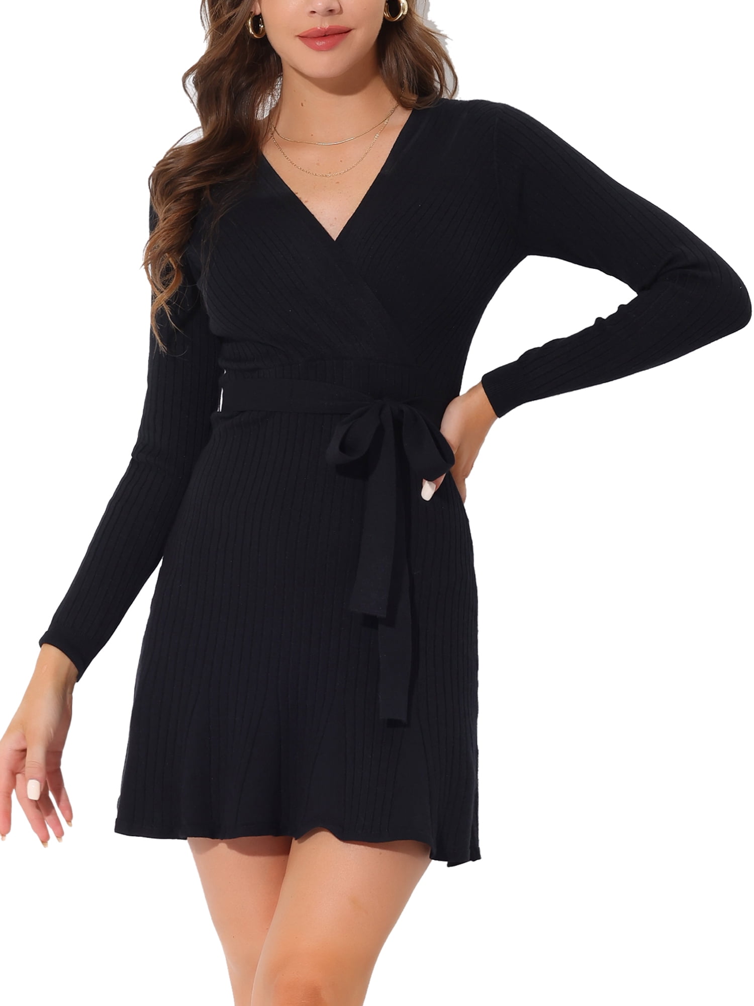 Allegra K Women's Sweater Dress V Neck Long Sleeve Flare Tie Waist Wrap ...