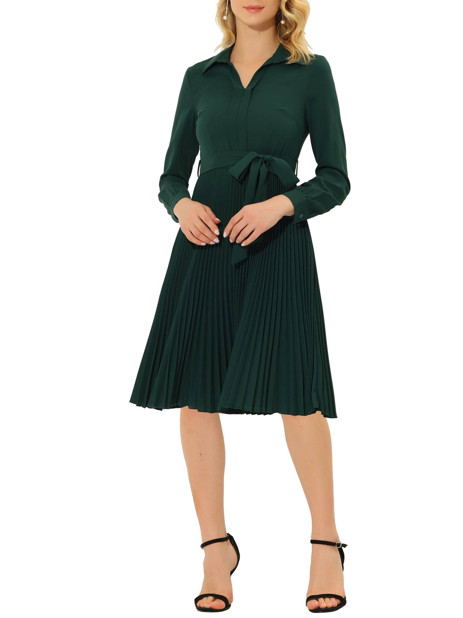 Pleated V-neck 3/4 Sleeves Applique Chiffon Dress Lime Green main image 1
