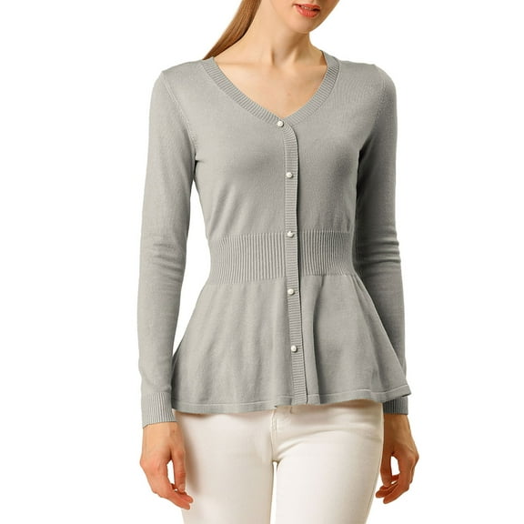 INSPIRE CHIC Women's Peplum Sweater V Neck Long Sleeve Ribbed Knit Tops L Grey