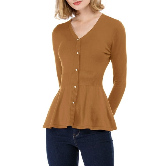 INSPIRE CHIC Women's Peplum Sweater V Neck Long Sleeve Ribbed Knit Tops M Brown