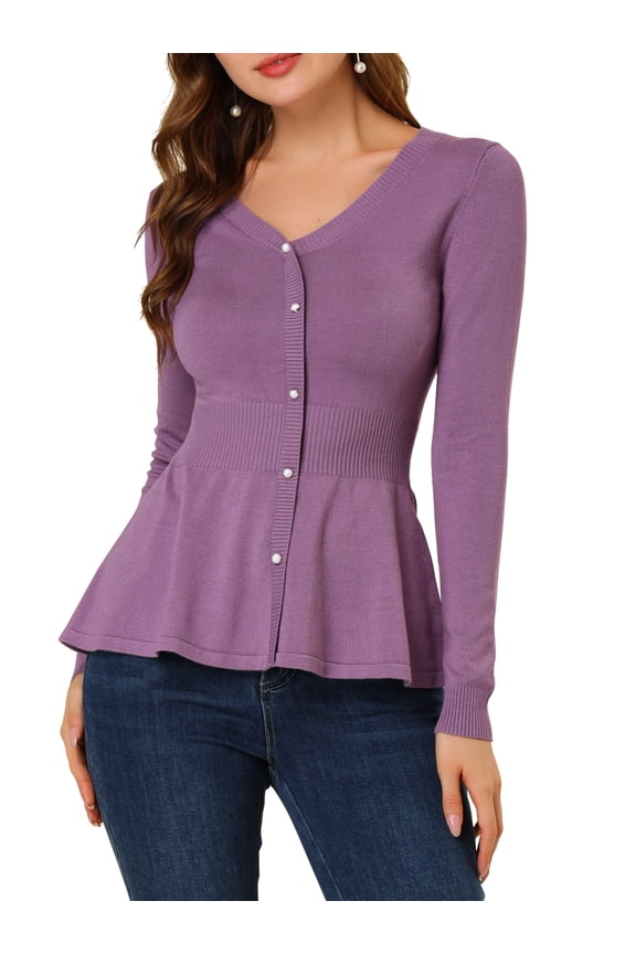 Women's V Neck Peplum Sweater Ribbed Knit Long Sleeve Casual Pullover XL Purple