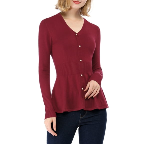 INSPIRE CHIC Women's Peplum Sweater V Neck Long Sleeve Ribbed Knit Tops XS Burgundy