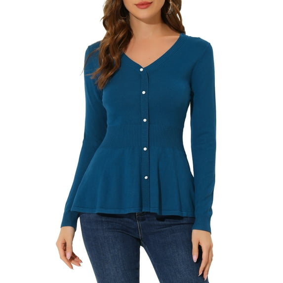 INSPIRE CHIC Women's Peplum Sweater V Neck Long Sleeve Ribbed Knit Tops XS Denim Blue