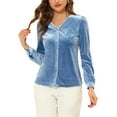 thumbnail image 1 of INSPIRE CHIC Women's V Neck Long Sleeve Solid Button Velvet Shirt M Grey Blue, 1 of 5