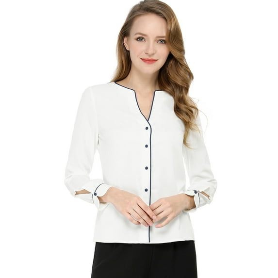 Allegra K Women's V Neck Long Sleeves Button Down Contrast Color Chiffon Shirt