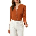 thumbnail image 1 of INSPIRE CHIC Women's V Neck Long Sleeves Button Down Contrast Color Chiffon Shirt Brown Red L, 1 of 7