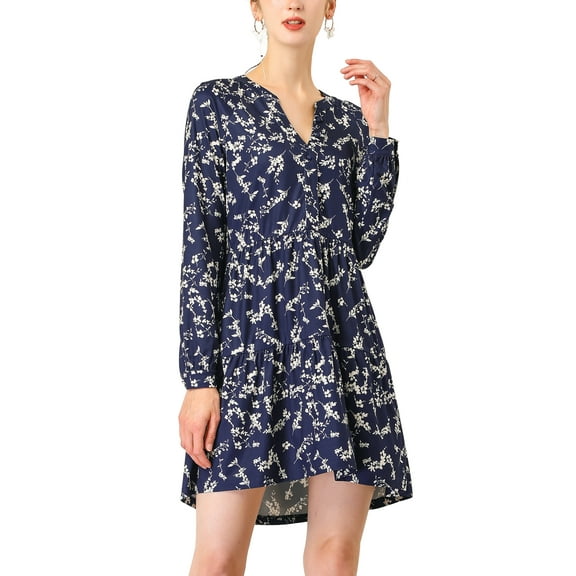 INSPIRE CHIC Women's V Neck Long Sleeves Cinched Waist Half Placket Floral Dress M Navy Blue