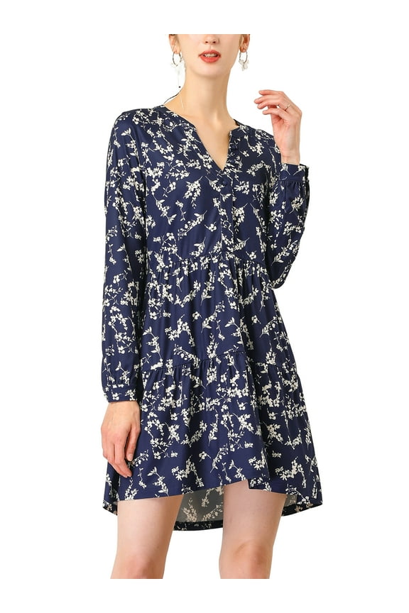 Women's V Neck Long Sleeves Cinched Waist Half Placket Floral Dress M Navy Blue