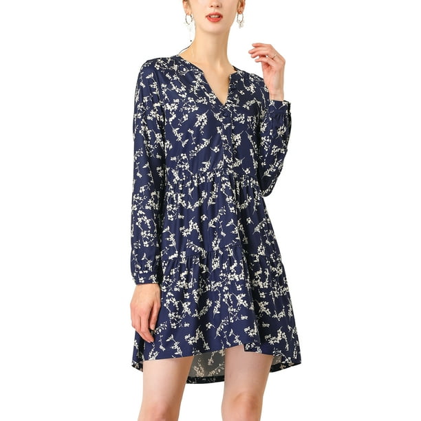 INSPIRE CHIC Women's V Neck Long Sleeves Cinched Waist Half Placket Floral Dress M Navy Blue - Walmart Business Supplies INSPIRE CHIC Women's V Neck Long Sleeves Cinched Waist Half Placket Floral Dress M Navy Blue - Walmart Business Supplies