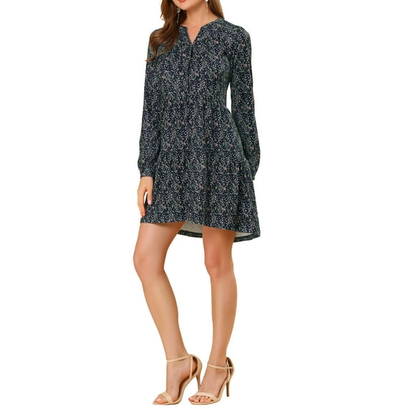 INSPIRE CHIC Women's V Neck Long Sleeves Cinched Waist Half Placket Floral Dress M Navy Blue-Purple