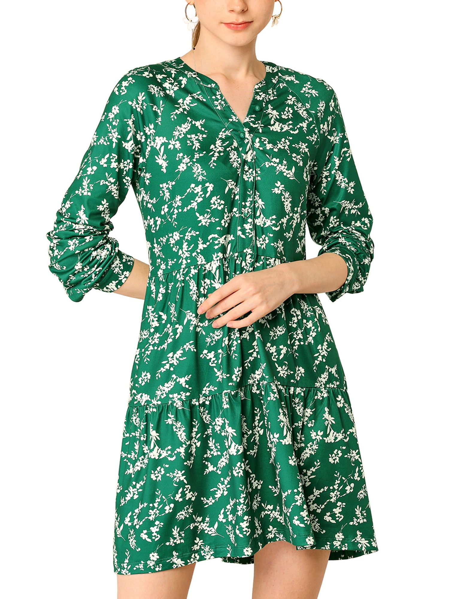 INSPIRE CHIC Women's V Neck Long Sleeves Cinched Waist Half Placket Floral  Dress XL Green - Walmart Business Supplies