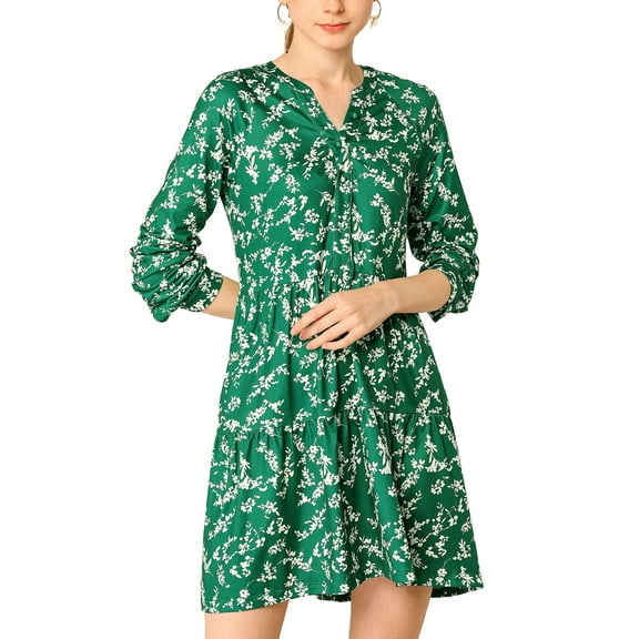 INSPIRE CHIC Women's V Neck Long Sleeves Cinched Waist Half Placket Floral Dress L Green