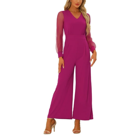 INSPIRE CHIC Women's Jumpsuits V Neck Mesh Long Sleeve Wide Leg Party Rompers S Hot Pink