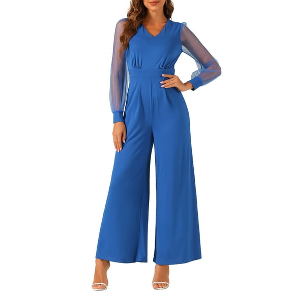 INSPIRE CHIC Women's Jumpsuits V Neck Mesh Long Sleeve Wide Leg Party Rompers L Royal Blue