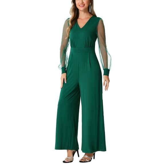 INSPIRE CHIC Women's Jumpsuits V Neck Mesh Long Sleeve Wide Leg Party Rompers XL Dark Green