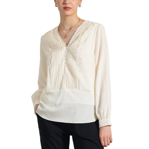 INSPIRE CHIC Women's V Neck Pleated Button Long Sleeve Casual Work Blouse Shirt