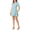 thumbnail image 1 of INSPIRE CHIC Women's V Neck Puff Short Sleeve Elastic Waist Ruffle Mini Dress L Light Blue, 1 of 6