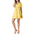 thumbnail image 1 of INSPIRE CHIC Women's V Neck Puff Short Sleeve Elastic Waist Ruffle Mini Dress L Yellow, 1 of 7