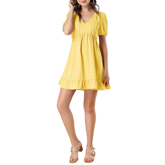 INSPIRE CHIC Women's V Neck Puff Short Sleeve Elastic Waist Ruffle Mini Dress L Yellow