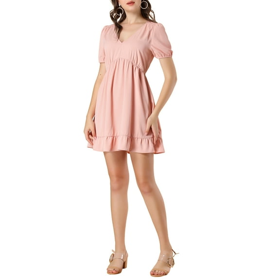 INSPIRE CHIC Women's V Neck Puff Short Sleeve Elastic Waist Ruffle Mini Dress M Pink