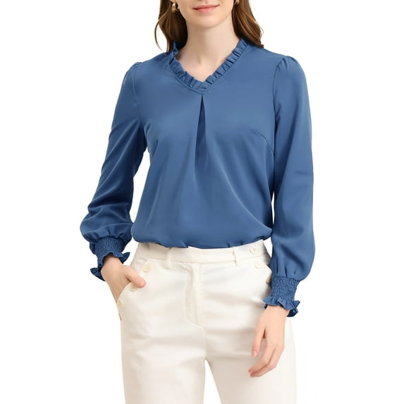 INSPIRE CHIC Women's V Neck Round Hem Blouse Long Sleeve Top