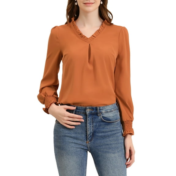 INSPIRE CHIC Women's V Neck Round Hem Blouse Long Sleeve Top