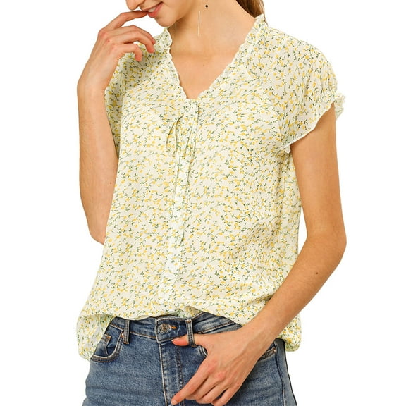INSPIRE CHIC Valentine's Day Women's Floral Blouse Short Cap Sleeve Chiffon Casual Ruffle Tops S White Yellow
