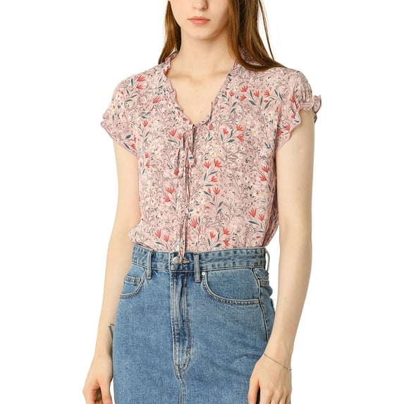 INSPIRE CHIC Valentine's Day Women's Floral Blouse Short Cap Sleeve Chiffon Casual Ruffle Tops M Pink