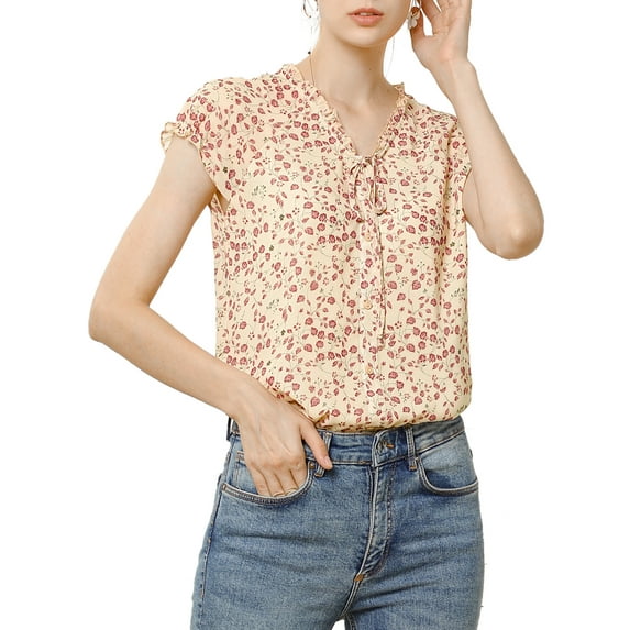 INSPIRE CHIC Valentine's Day Women's Floral Blouse Short Cap Sleeve Chiffon Casual Ruffle Tops XL Apricot