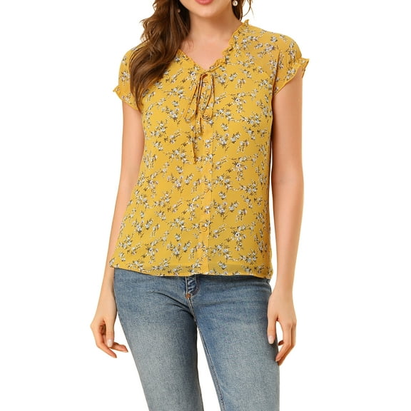 INSPIRE CHIC Valentine's Day Women's Floral Blouse Short Cap Sleeve Chiffon Casual Ruffle Tops XS Yellow