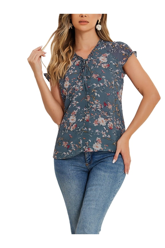 Women's Floral Blouse Short Cap Sleeve Chiffon Casual Ruffle Tops Grey Blue L