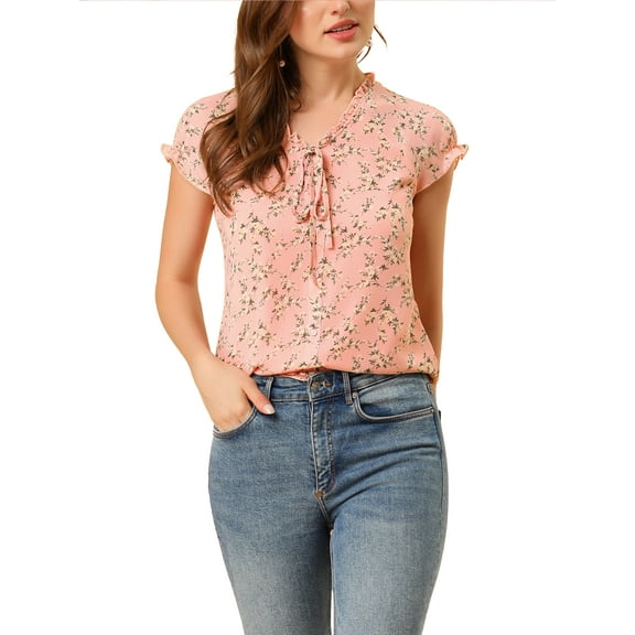 INSPIRE CHIC Valentine's Day Women's Floral Blouse Short Cap Sleeve Chiffon Casual Ruffle Tops L Dark Pink