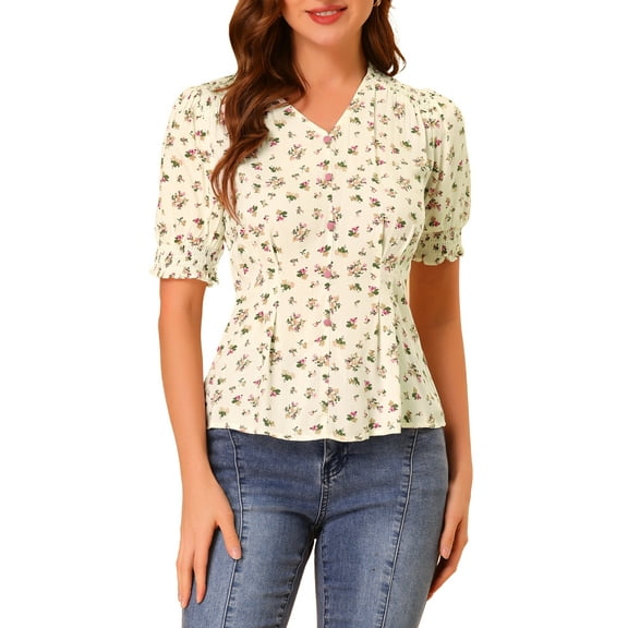 INSPIRE CHIC Women's V Neck Short Sleeves Tops Button Decor Floral Blouse M Apricot